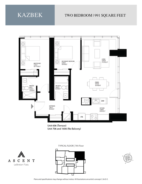Floor plan for 2 beds, 2 baths, 995 sqft